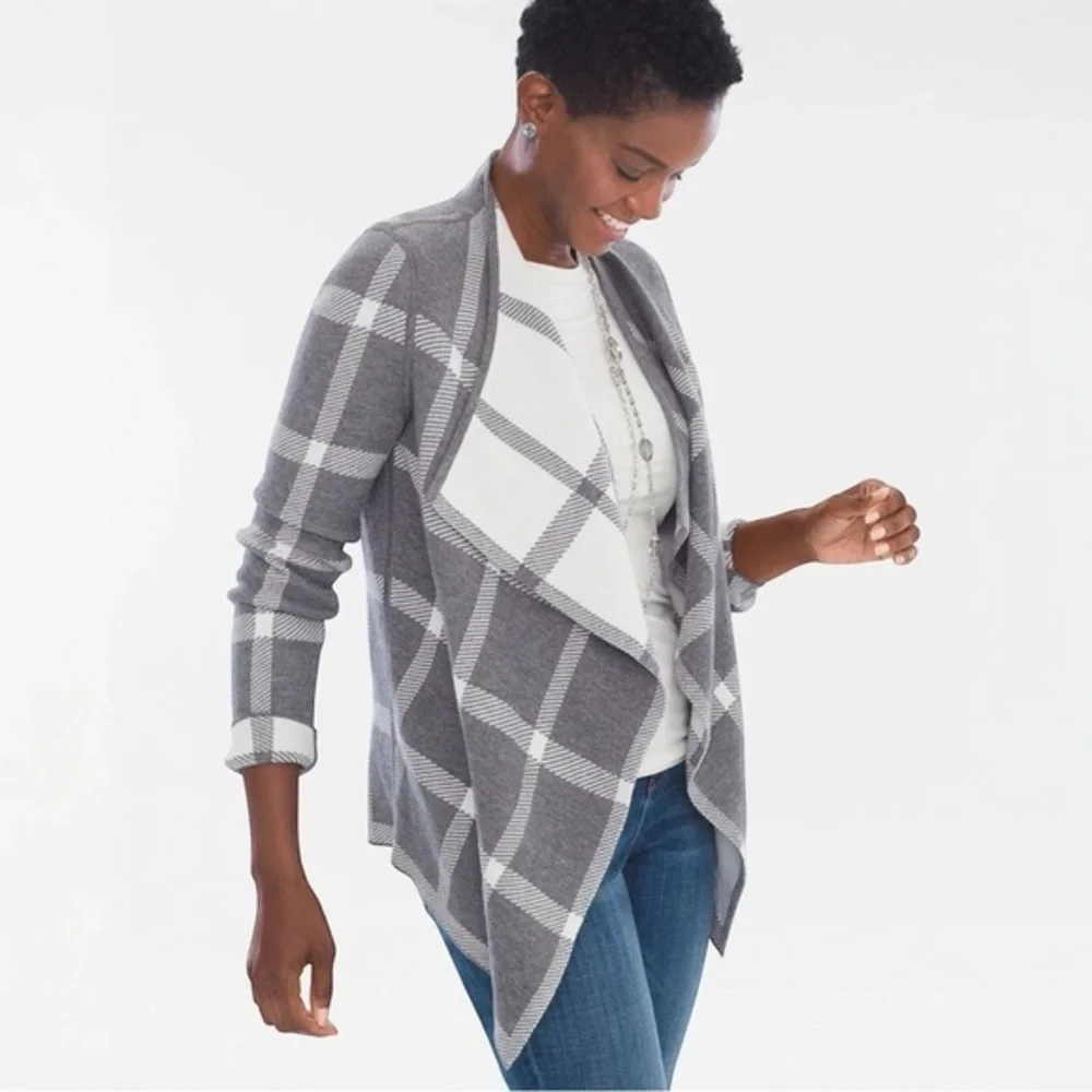 Chico's Reversible Windowpane-Print Cardigan Draped Open Front Long Sleeve‎